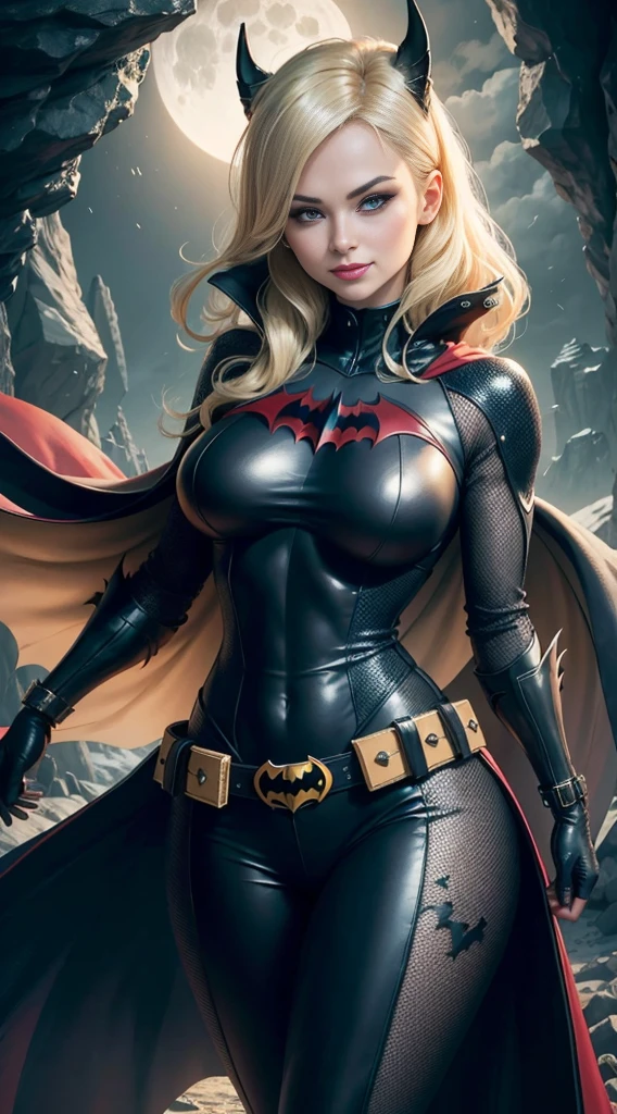 1girl, full body, style of the Batwoman costume, medium breasts, Yellow Batman Logo on Chest and the belt, masterpiece, best quality, detailed skin texture, detailed cloth texture, beautiful detailed face, intricate details, ultra detailed, Blonde hairstyle,  Smile, one eye closed Dynamic pose, blink one eye, finger shooting position, ( in the Dark Cave), full moon on the sky,  (Best quality, A high resolution, Photorealistic, primitive, 8K,Masterpiece, ),Best quality, Masterpiec8K.hdr. High ribs:1.2, filmgrain, Blur bokeh:1.2, Lens flare, (vivd colour:1.2), (Delicate),