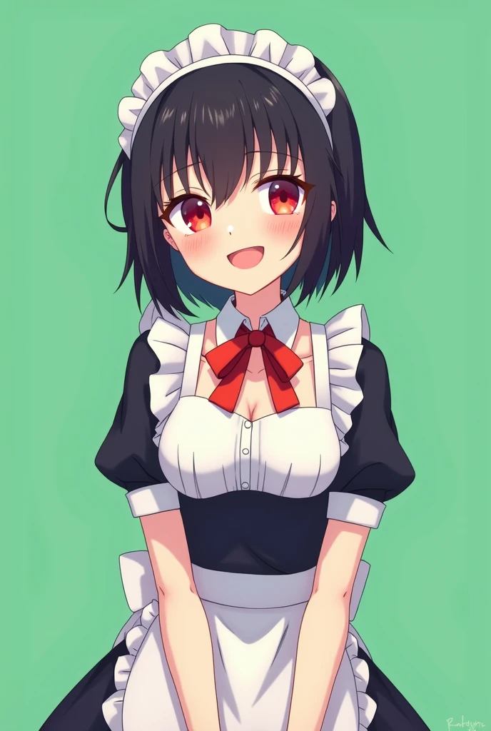 Maid cafe maid with short black hair, Red eyes, a sensual and happy expression, age range between 18 and 26 years, anime style completely in 2D, with pastel colors, with a completely flat and green background 