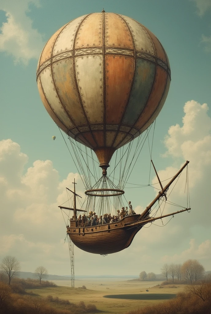 Create a painting depicting an old hot air balloon (18th century balloons, with an old ship without a sail as if it were the basket of a balloon)