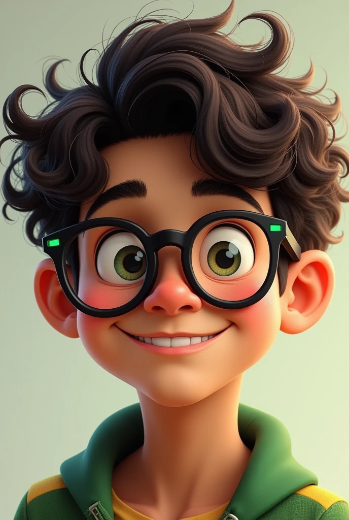 15 year old boy, brown skin, Large black lenses with green details, slightly waton but healthy, dark brown hair with curls, smile making the face of the gigachad meme.