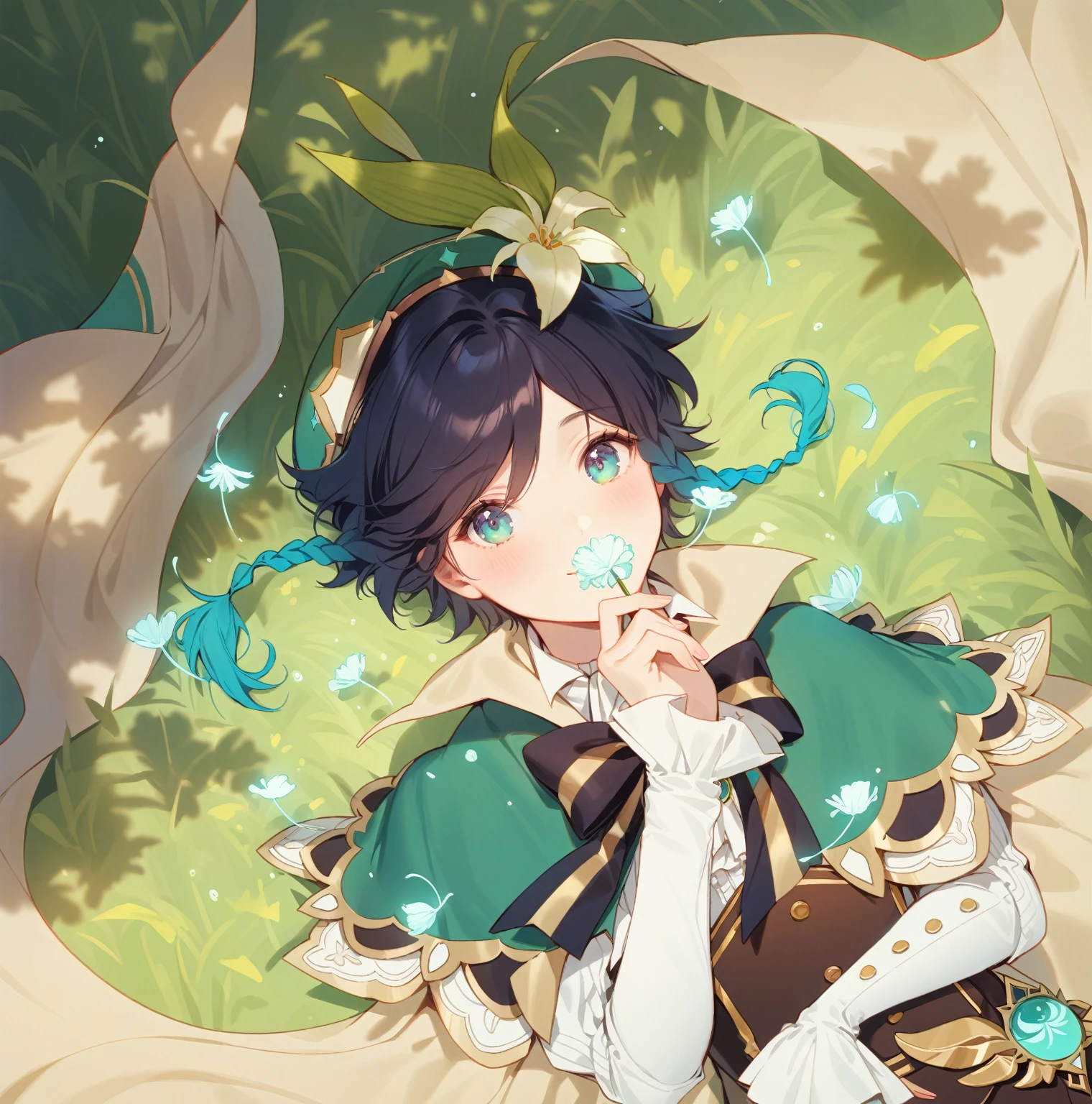 (best quality,4k,8k,highres,masterpiece:1.2),1boy,venti genshin impact,male focus,flat chest,ultra-detailed,realistic,(dsmile:0.5),morning of spring,delicate light rays,rich color palette,elegant curves,effects of light and shadow,flower petals falling,springtime essence,ethereal atmosphere,peaceful garden background,morning dew,soft sunlight filtering through trees,lush plants,komorebi,vividly colored blossoms,transcendent beauty,awe-inspiring artwork,white long-sleeved shirt, brown corset,green shorts, white tights,green cape,hat,brooch,green eyes,wise and kind god,cinematic lighting, ray tracing, UHD, high details, high quality, award winning, super detail,dandelion