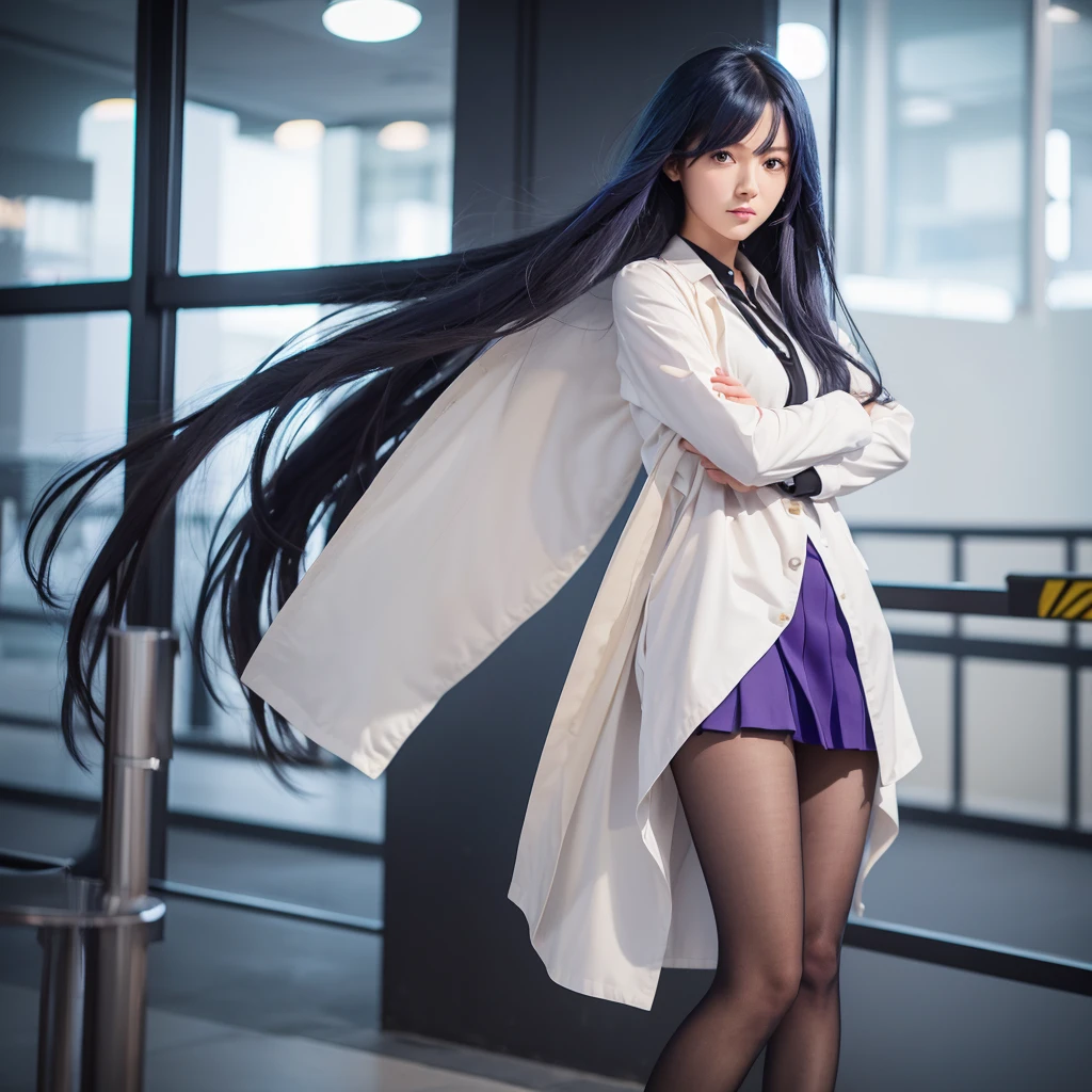 “Design a full-body image of a young female anime character with a serious expression. She has long, dark blue hair with a slight wave, and sharp, focused eyes. The character is wearing a white lab coat over a black blouse and a knee-length purple skirt. She stands confidently with her arms crossed. She is also wearing beige tights and red high heels, which add a bold contrast to her outfit. The overall style should be clean and precise, with attention to the character’s determined stance and professional attire.”