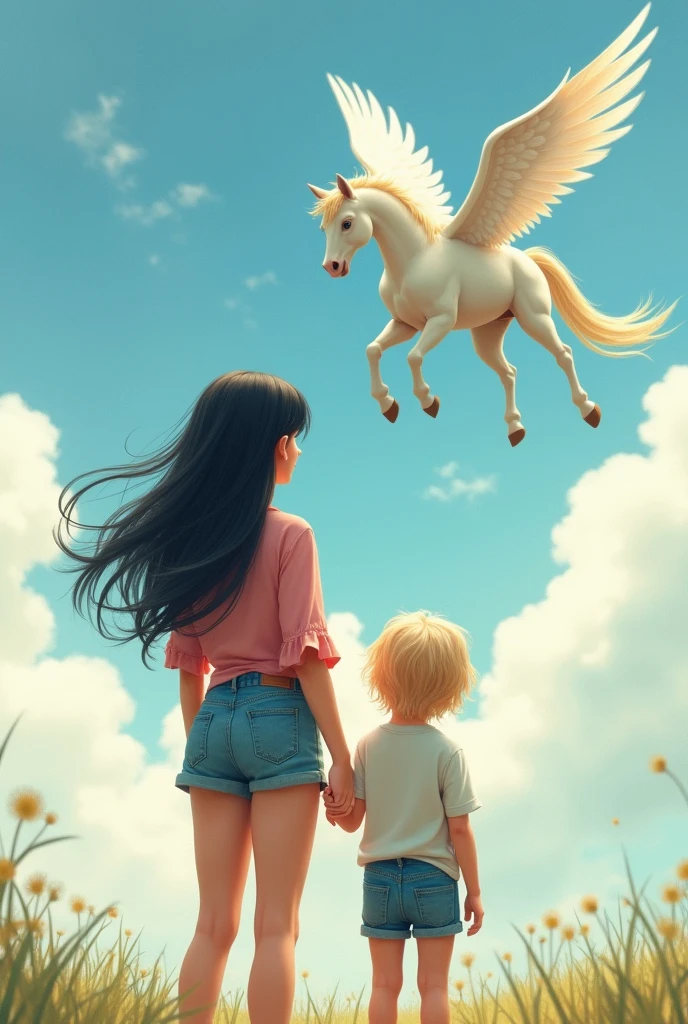 Create a woman in a pink blouse and denim shorts with long black hair with loose bangs with your 3-year-old son, blond hair a little voluminous, are standing with their backs facing a horse with wings flying in the sky.