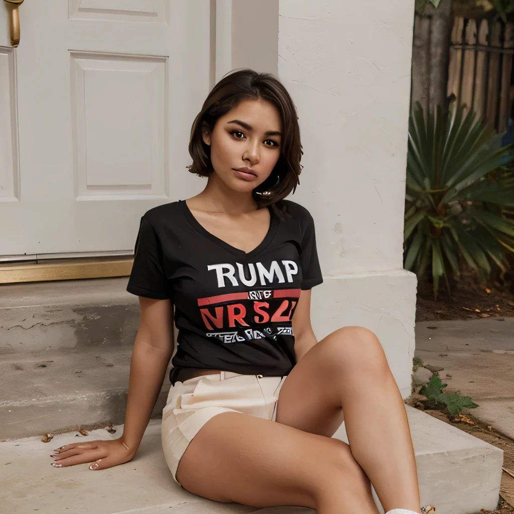 Beautiful woman with Mexican features has short hair,brown eyes wear a neckline T-shirt says "TRUMP 2024",usa mini shorts, There is a Dalmatian dog at his feet and the trumpet stops