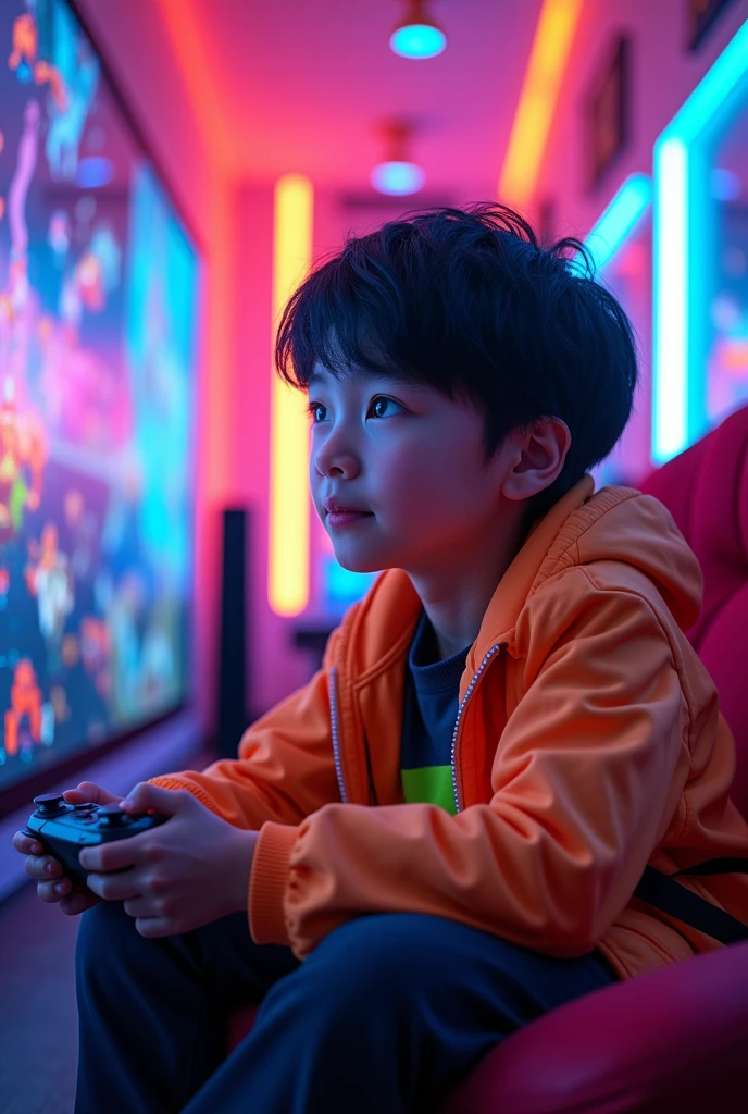 Make a masterpiece,a boy playing his computer Gaming flashy and colorful video games,black hair,neon jacket,Dark pant,funny expression,with a console controller,Place your neon room with neon and rainbow LED lights Very Happy Very Happy