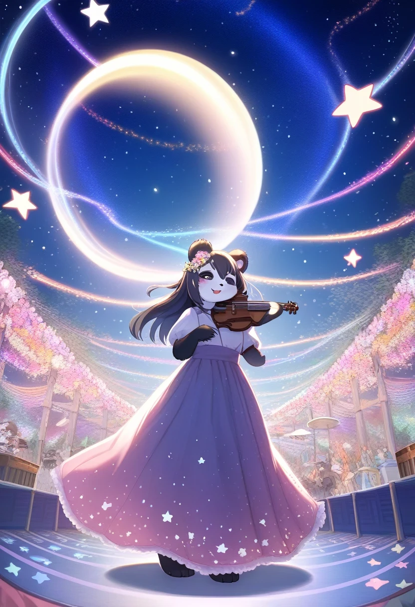 ((Masterpiece)), ((Best Quality)), (Very Detailed), ((Very Detailed)), 4K, (8K), very aesthetic, absurdres highres, 1 woman, (anthropomorphic panda, furry, kemono:1.5), A girl wearing a dress made of small stars and playing a star-shaped instrument on the stage of a heavenly music festival. The night sky is full of constellations and shooting stars, and her dress sparkles every time she moves. On a sea of stars. The transparent stage is decorated with star-shaped lamps and flower arches, creating a magical festival atmosphere. Music echoes through the starry sky and stars twinkle to the rhythm.