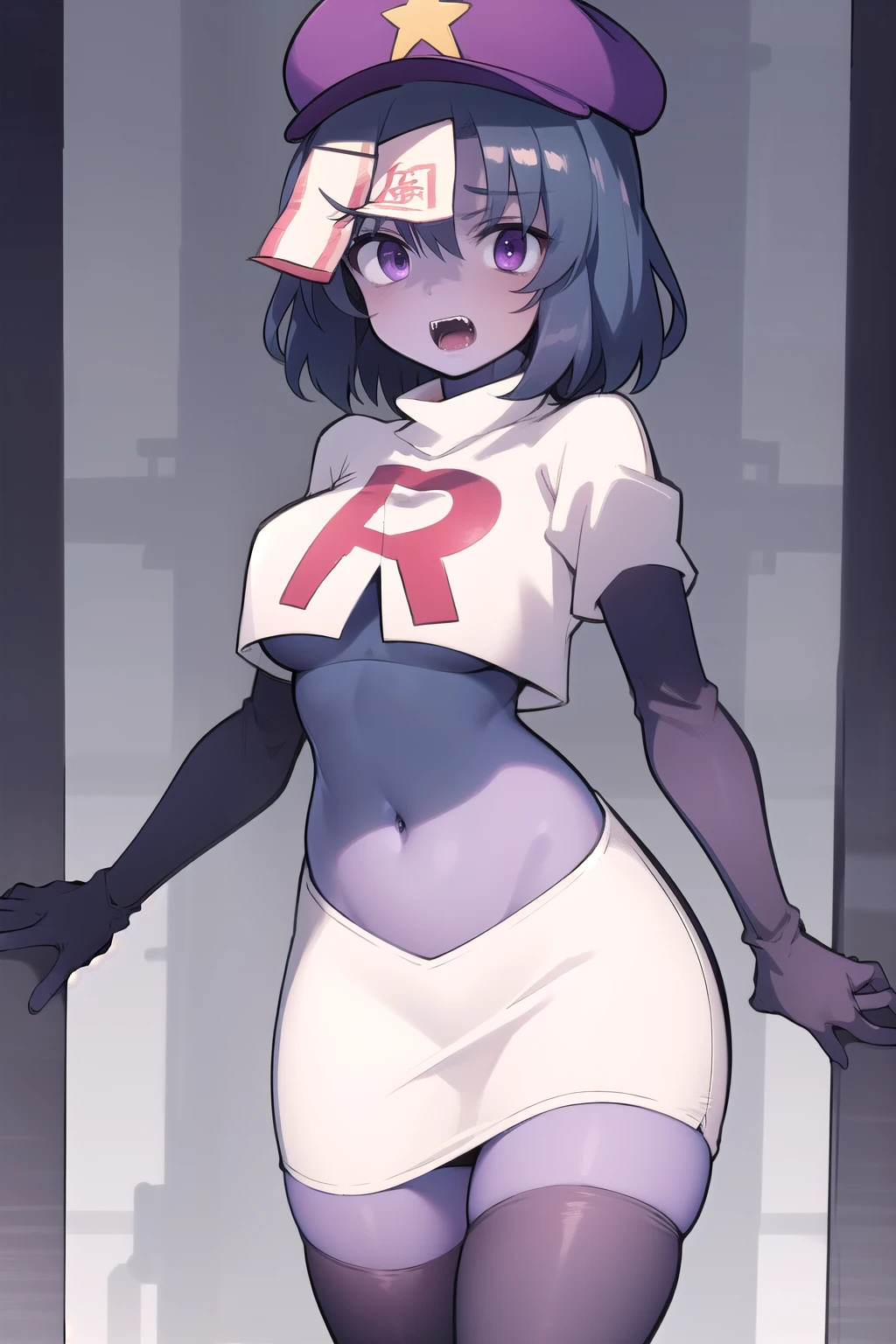 best quality, (masterpiece:1.2), illustration, absurdres, 
(1girl), (solo), (beautiful detailed girl),
Miyako Yoshika, (blue skin, purple skin:1.1), dark blue hair, purple eyes, medium breasts, zombie, jiangshi, undead
blue hat with a yellow star, ofuda on forehead, fangs, looking at viewer,
team rocket,team rocket uniform,white skirt,red letter R,crop top,black thigh-highs,black elbow gloves, cowboy shot,