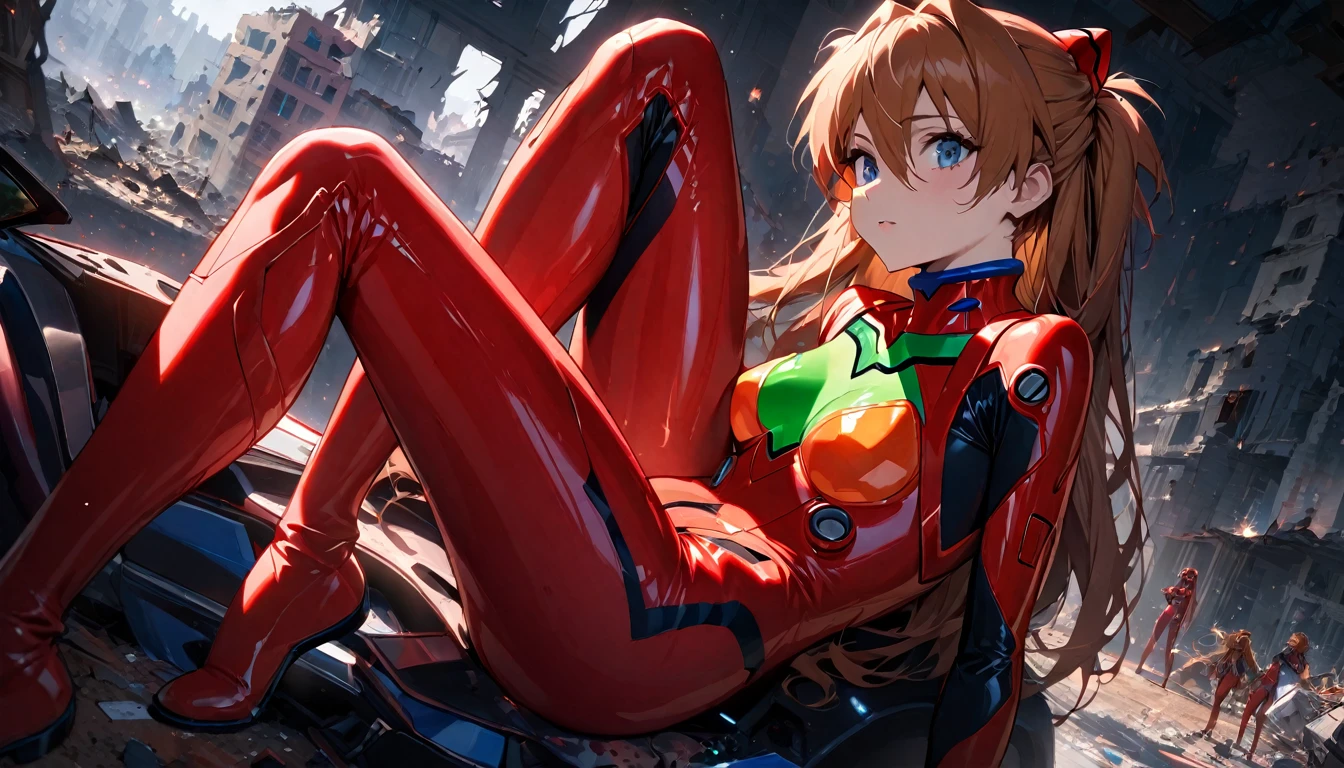 Asuka Langley from Evangelion wearing a tight school swimsuit。Big。Plump and、She spreads her legs with her own hands。Embarrassed。She is doing the M-shaped leg spread on the control panel.。Touching your crotch yourself。Juice coming out of the crotch。Sweating。