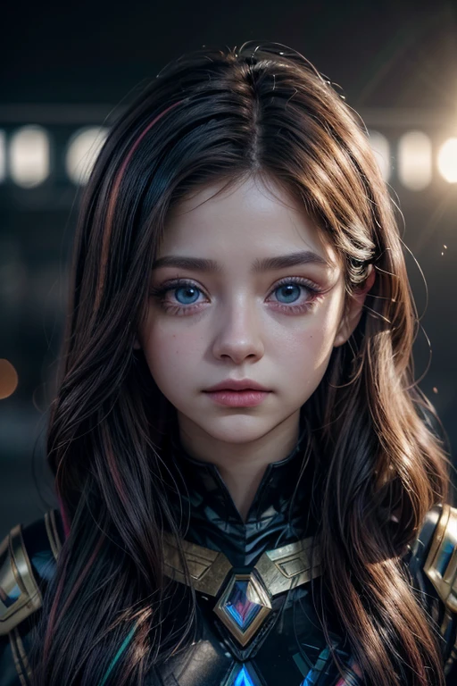 {{masterpiece}}, Karol Sevilla, Best Quality, Extremely detailed CG unity 8k wallpaper, cinematic lighting, Lens flare, Beautiful eye details, negro,  side glance,  multicolored hair, showy light, particles, heterochromia, (showy:1.5), (showy hair:1.5),