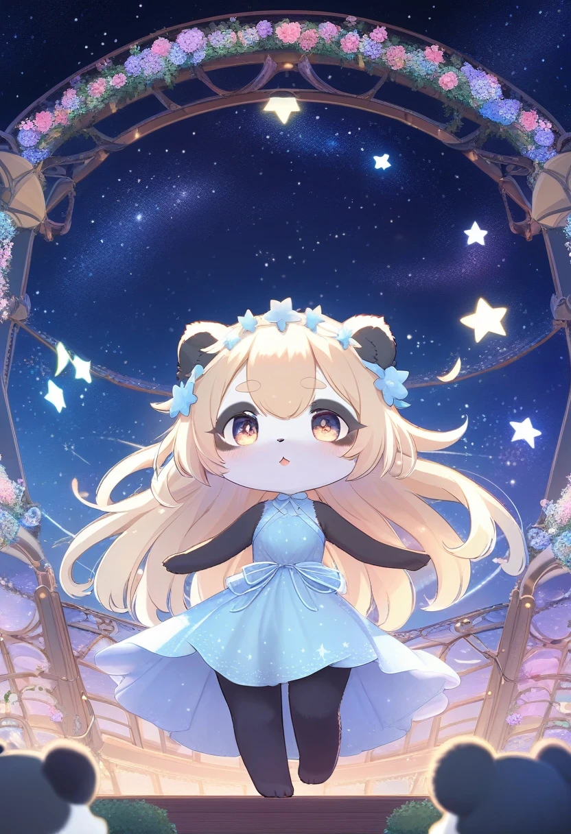 ((Masterpiece)), ((Best Quality)), (Very Detailed), ((Very Detailed)), 4K, (8K), very aesthetic, absurdres highres, 1 woman, (anthropomorphic panda, furry, kemono:1.5), A girl wearing a dress made of small stars and playing a star-shaped instrument on the stage of a heavenly music festival. The night sky is full of constellations and shooting stars, and her dress sparkles every time she moves. On a sea of ​​stars. The transparent stage is decorated with star-shaped lamps and flower arches, creating a magical festival atmosphere. Music echoes through the starry sky and stars twinkle to the rhythm.