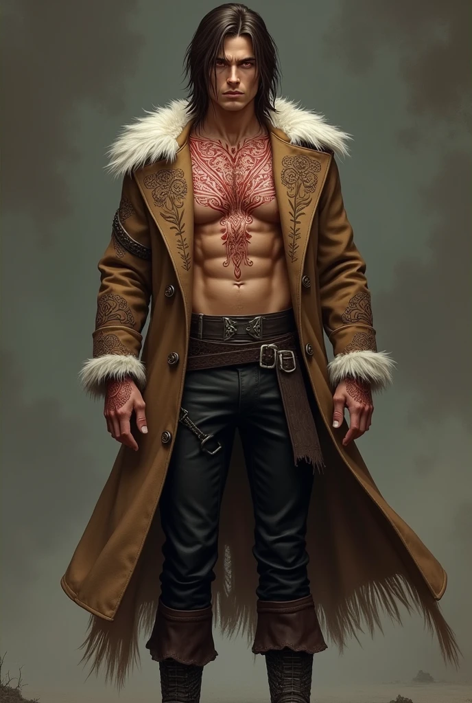 a 21yo guy with shoulder length brown hair and red eyes and tanned skin who only wears a brown overcover with tribal drawings and white fur on the edges shirtless with red tribal tattoos and wearing black leather pants with crocodile boots