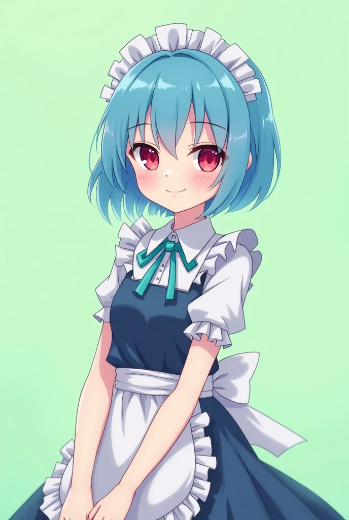 Maid cafe maid with short bright blue hair, Red eyes, a sensual and happy expression, age range between 18 and 26 years, anime style completely in 2D, with pastel colors, with a completely flat and green background