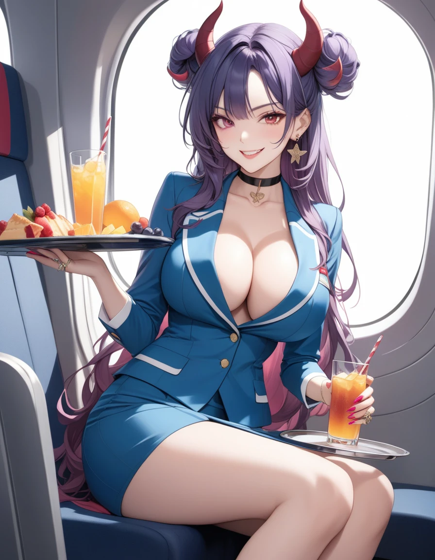 1girl, kirara \(blue archive\), blue archive, black choker, black horns, blush, big breasts, choker, cleavage, collarbone, body suit, demon horns, double bun, earrings, fang, fingernails, hair bun, horns, jewelry, large breasts, long fingernails, long hair, looking at viewer, nail polish, open eyes, smirk mouth, purple hair, pink nails, red eyes, ring, skirt, smile, solo, v, looking at viewer, feet in camera (masterpiece), (best quality), (ultra-detailed), very aesthetic, illustration, perfect composition, moist skin, intricate details, mysterious, fantasy, Flight attendant, Naughty Stewardess, Cosplay Costume, plane background, inside plane, holding drink tray,