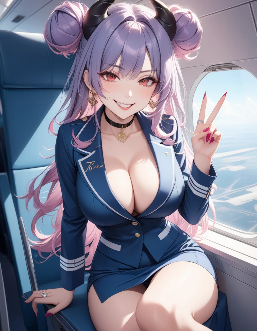 1girl, kirara \(blue archive\), blue archive, black choker, black horns, blush, big breasts, choker, cleavage, collarbone, body suit, demon horns, double bun, earrings, fang, fingernails, hair bun, horns, jewelry, large breasts, long fingernails, long hair, looking at viewer, nail polish, open eyes, smirk mouth, purple hair, pink nails, red eyes, ring, skirt, smile, solo, v, looking at viewer, feet in camera (masterpiece), (best quality), (ultra-detailed), very aesthetic, illustration, perfect composition, moist skin, intricate details, mysterious, fantasy, Flight attendant, Naughty Stewardess, Cosplay Costume, plane background, inside plane, holding drink tray, 