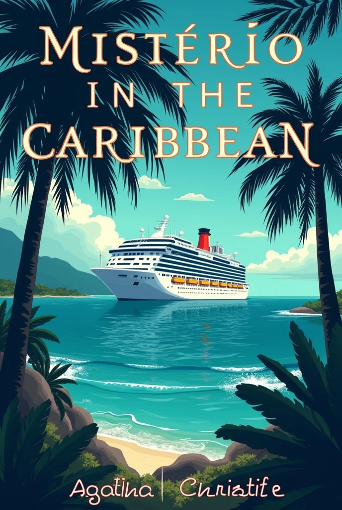 Reread the Book Cover "Mystery in the Caribbean" of you Christie, with lines and details from the book, with the title in Portuguese and without background. Take a cruise on the cape. put the title and the author's name below the title.