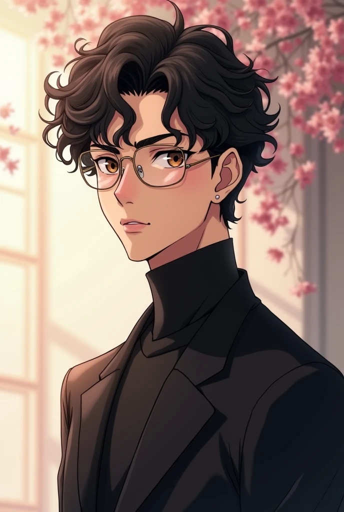 Create an anime character, a young man, blackquality hair, eyes browns, tall and slim , bonitas 
 , soft painting, wearing clear glasses , curly hair , strong and wearing elegant black clothes , a little more serious 