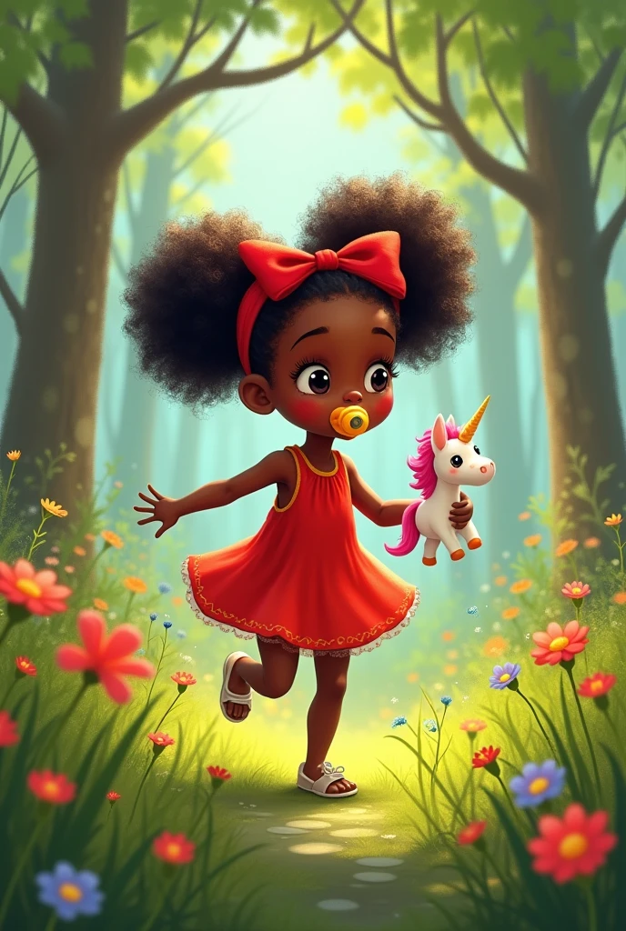 5 year old black girl with a pacifier, with red dress, red bow on head, with toy unicorn in hand running barefoot in nature