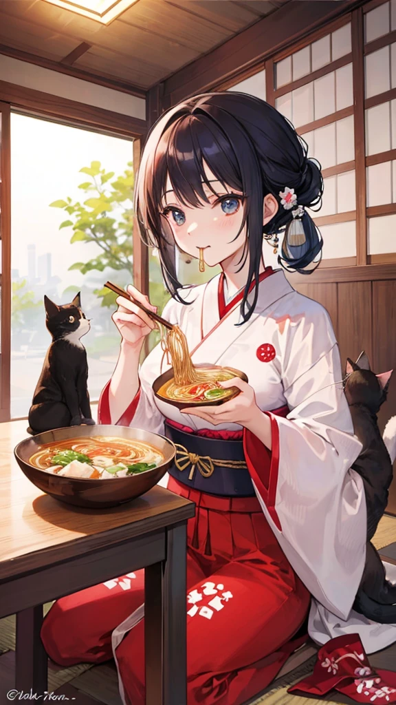 Inside the Japanese room, woman eating ramen. And two cats.