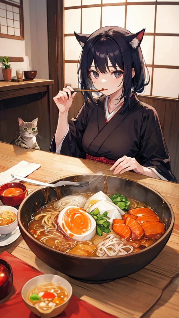 Inside the Japanese room, woman eating ramen. And two cats.