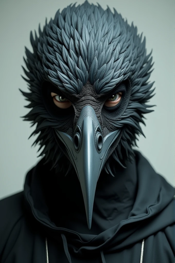 Crow mask that covers the nose up, with crow feather texture. I want it to be in a man. And may the beak cover the nose.