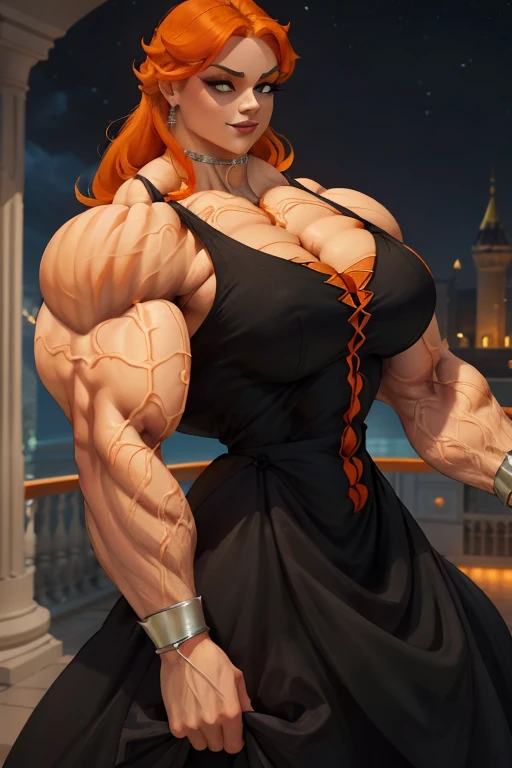 ((Close-up)), tall, (orange hair) beautiful muscular woman, long shaggy hair, pale white skinned, (closed smile), large breast, (black lipstick), (massive muscles), (hyper muscle), (ginormous bulky muscles), green eyes, ((((beautiful long orange Cinderella dress)))), orange bracelets, choker, (flexing biceps), high heels, in a ballroom, at night, 