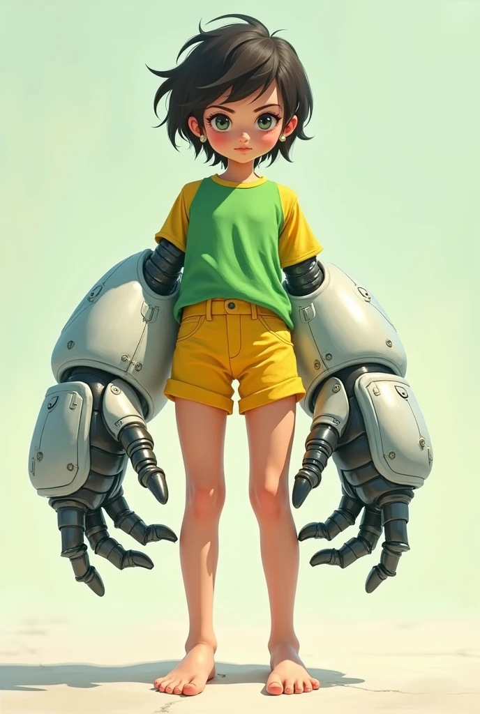 blind girl, short hair, with giant robotic gloves, green and yellow clothes, barefoot,