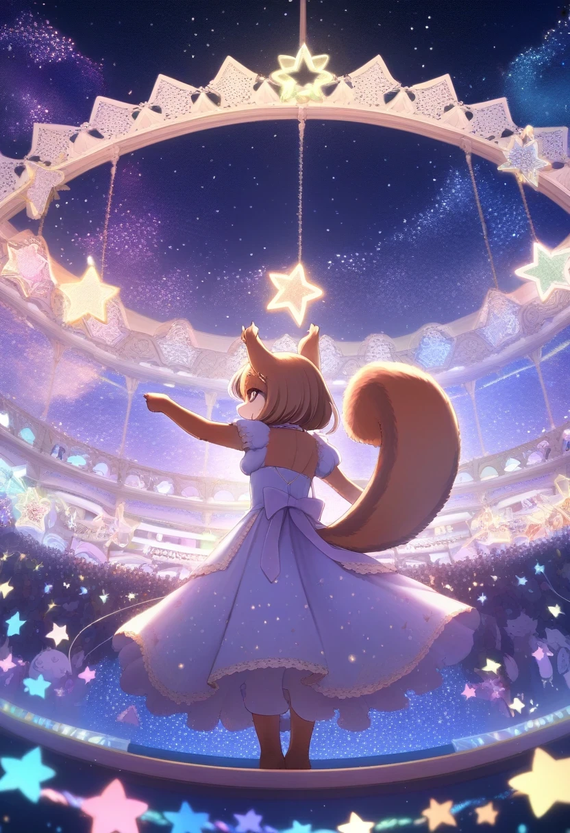 ((Masterpiece)), ((Best Quality)), (Very Detailed), ((Very Detailed)), 4K, (8K), very aesthetic, absurdres highres, 1 woman, (anthropomorphic squirrel, furry, kemono:1.5), A girl wearing a dress made of small stars and playing a star-shaped instrument on the stage of a heavenly music festival. The night sky is full of constellations and shooting stars, and her dress sparkles every time she moves. On a sea of ​​stars. The transparent stage is decorated with star-shaped lamps and flower arches, creating a magical festival atmosphere. Music echoes through the starry sky and stars twinkle to the rhythm.