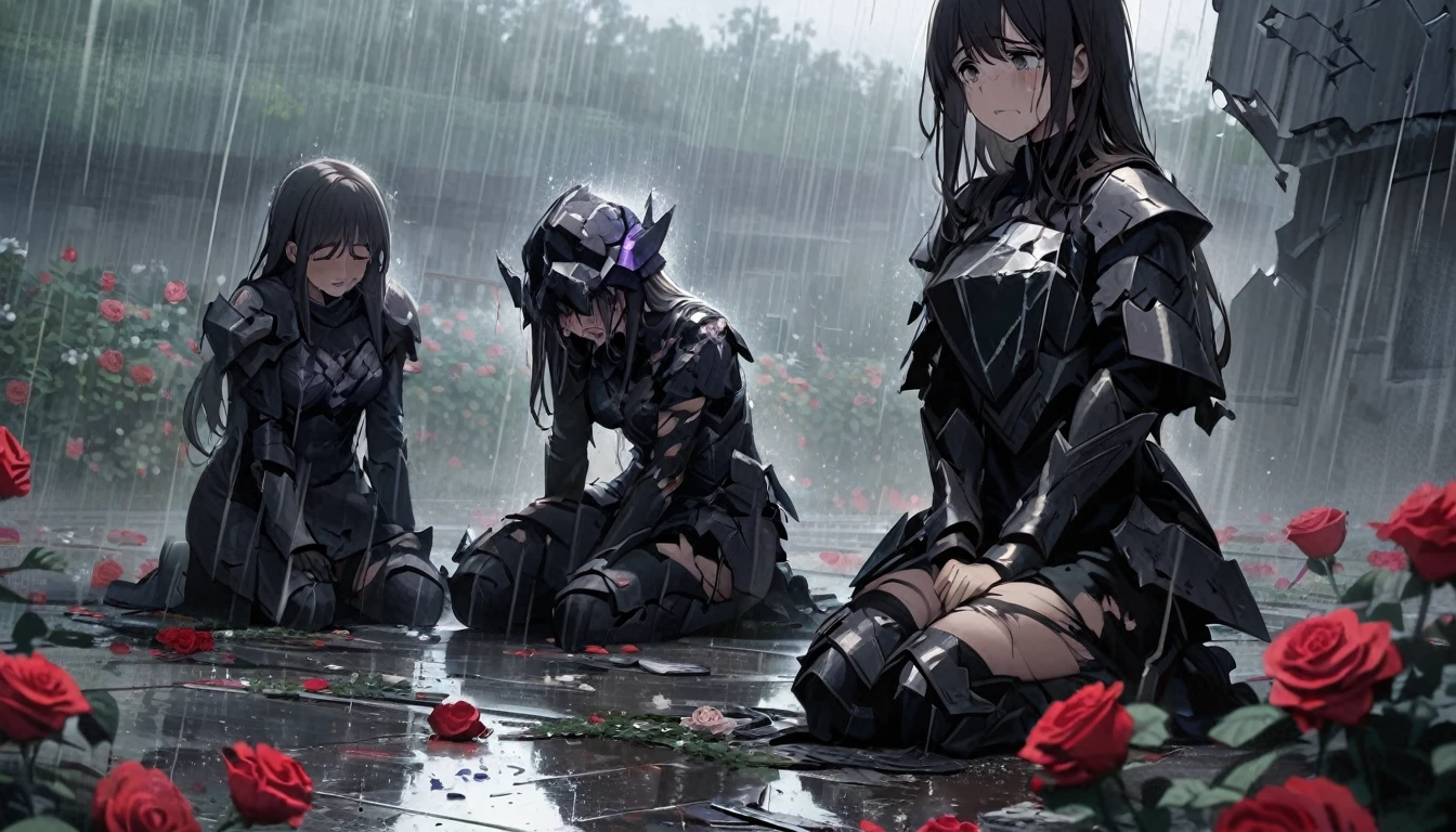 three girls, kneeling in the floor, wearing a ultra shattered and ultra broken cute skimpy dark armor,  lot of missing pieces, very damaged armor ,ripped clothes, broken helmet ,broken shield  and broken sword, in tears, sad, dramatic scene, tears flowing in the face, garden, roses, rain, ultra detailed face 