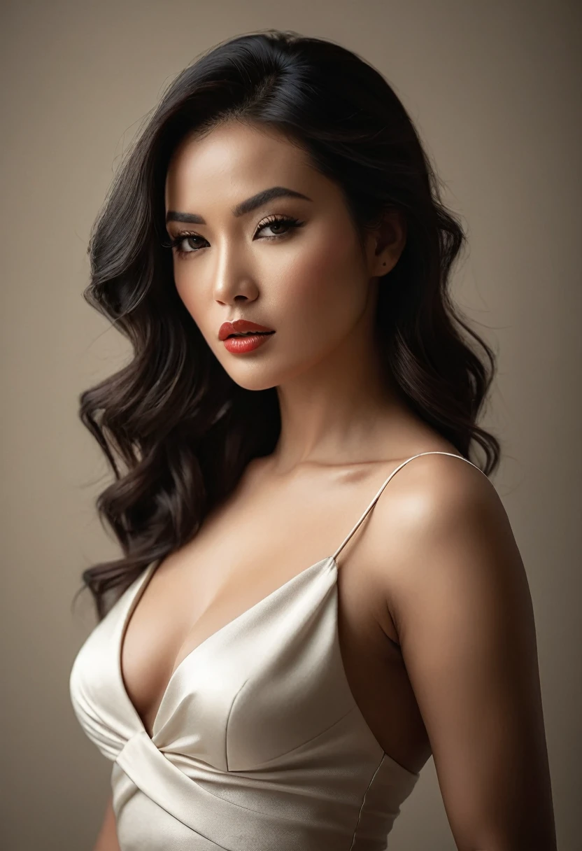 femme fatale, seductive pose,, fine lines, simple yet textured background, soft shadows, understated elegance, delicate detailing, subtle texture, soft-focus effect, minimalist aesthetic, gentle illumination, nuanced engraving style, love motifs, visual softness cinematic, epic realism, 8K, highly detailed, long shot technique, broad lighting technique, futuristic edge, low angle, empty space composition