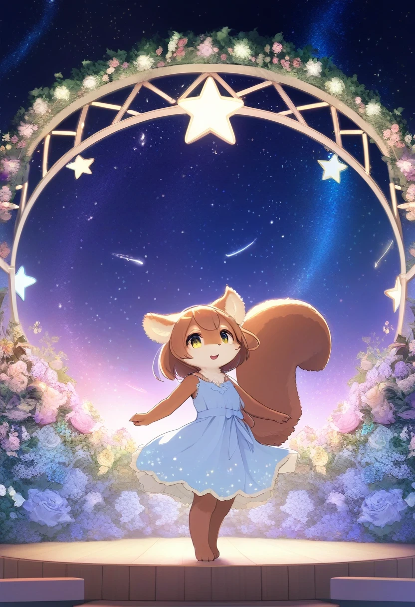 ((Masterpiece)), ((Best Quality)), (Very Detailed), ((Very Detailed)), 4K, (8K), very aesthetic, absurdres highres, 1 woman, (anthropomorphic squirrel, furry, kemono:1.5), A young girl in a dress made of tiny stars, dancing on a stage at a celestial music festival. The night sky is filled with constellations and shooting stars, and her dress sparkles with every movement. The stage is adorned with star-shaped lamps and floral arches, creating a magical and festive atmosphere.