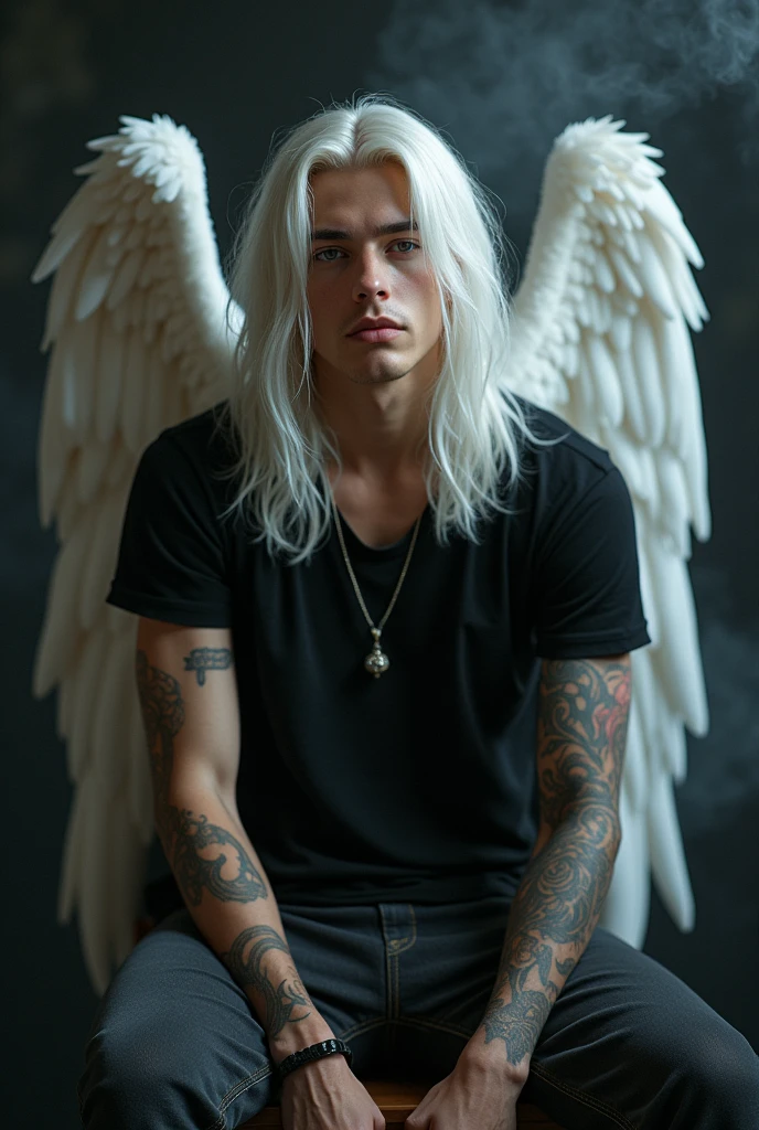 Boy white long hair perfect body setting on the chair and have tattoos with black t-shirt and necklace like a fairy face smooth skin pink lips and dark smoke background and have a big wings of an angel at the back