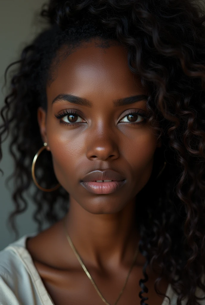 Black woman with very small, light brown eyes, big and defined nose, medium mouth, dark circles and bags of fat under the eyes and long curly frizzy hair, Oval face, half full and dimpled cheeks