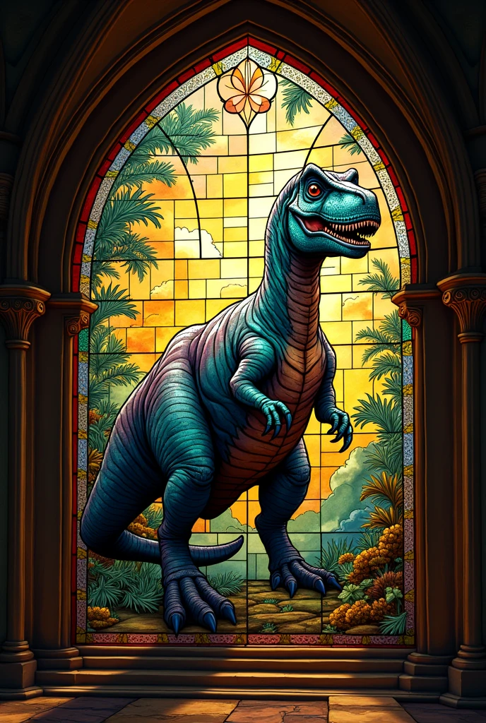 Create a stained glass window of a dinosaur 
