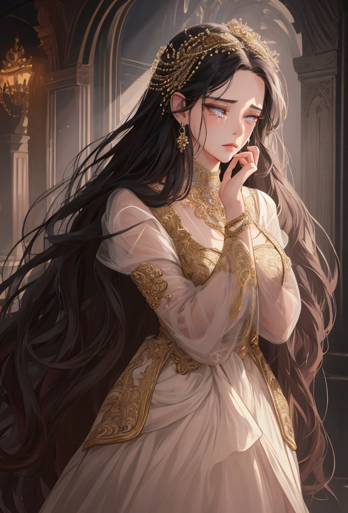 a beautiful woman crying over unrequited love, long flowing hair, piercing eyes, dramatic lighting, ornate dress, complex jewelry, transparent png format, digitl art, cinematographic, hyperdetailed, 8k, photorrealistic