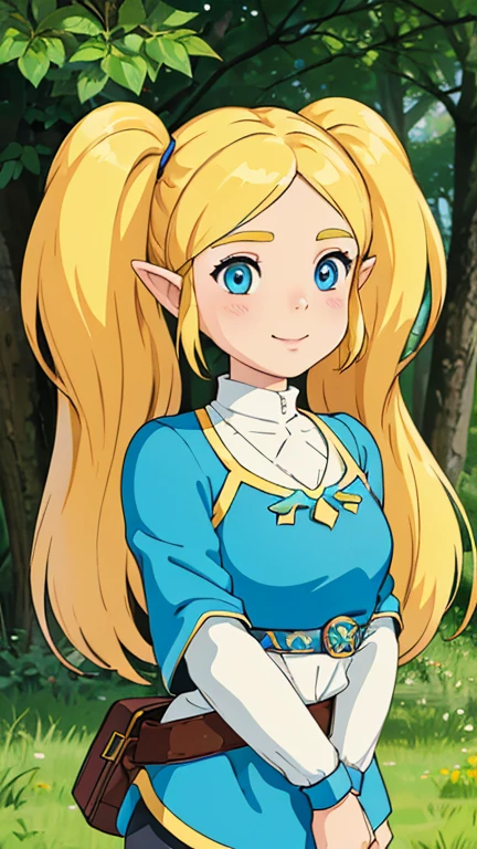 (1girl, solo, highly insanely detailed, masterpiece, top quality, best quality, highres, 4k, 8k, RAW photo),((innocent look)),((Childish)),From the front, symmetrical composition,smile,cute,Innocent,Kind eyes,Flat chest, ghibli style,forest, (bubbles), (blonde hair, blue eyes, short twintails, pigtails)
(zelda botw outfit)