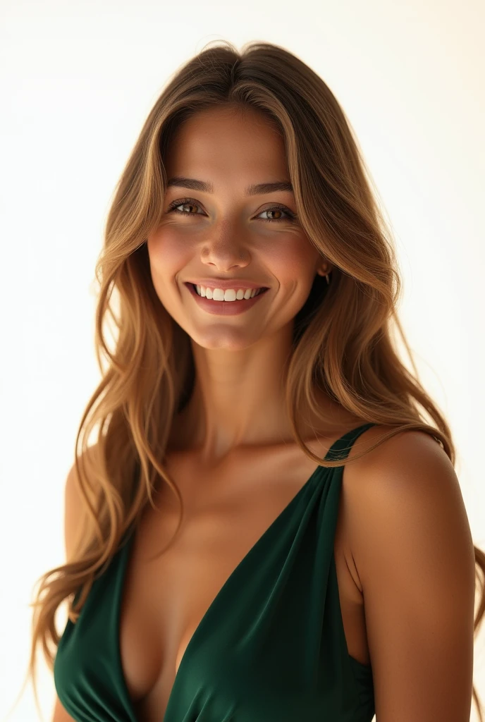 Create a hyper-realistic image of a 30-year-old Brazilian woman with long, straight, golden brown hair, light brown skin, and brown eyes. She should be smiling and wearing a dark green dress without a neckline. The image should be from the waist up, with the background completely white, with no additional details or elements. There should be no scenery or anything else in the background. The only Brazilian element in the image should be the woman and her clothing. The image should be 8k super realistic, detailed, and realistic. EasyNegative, (worst quality, low quality:1.4), (((deformed))), distortions in the hands, face, and other parts, more than 1 character, more than 1 backpack.