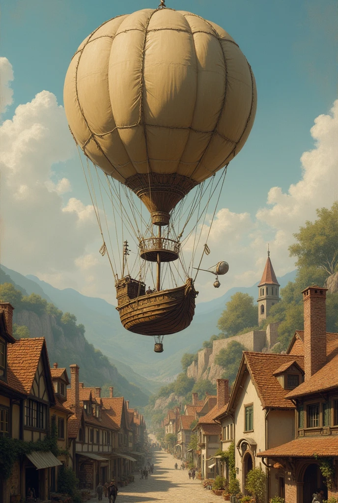 Create a painting depicting an old hot air balloon (18th century balloons, with an old ship without a sail as if it were the basket of a balloon), and with an ancient village as a backdrop
