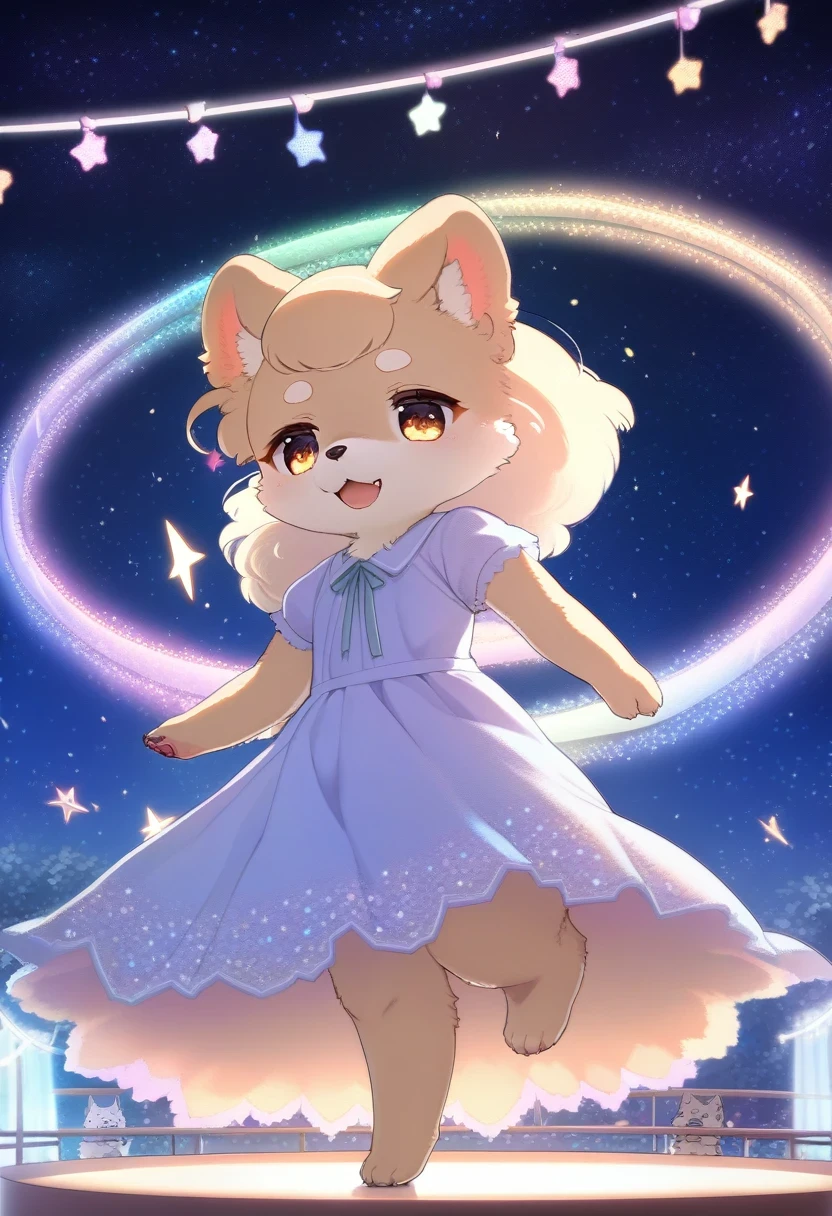((Masterpiece)), ((Best Quality)), (Very Detailed), ((Very Detailed)), 4K, (8K), very aesthetic, absurdres highres, 1 woman, (anthropomorphic pomeranian, furry, kemono:1.5), A young girl in a dress made of tiny stars, dancing on a stage at a celestial music festival. The night sky is filled with constellations and shooting stars, and her dress sparkles with every movement. The stage is adorned with star-shaped lamps and floral arches, creating a magical and festive atmosphere.