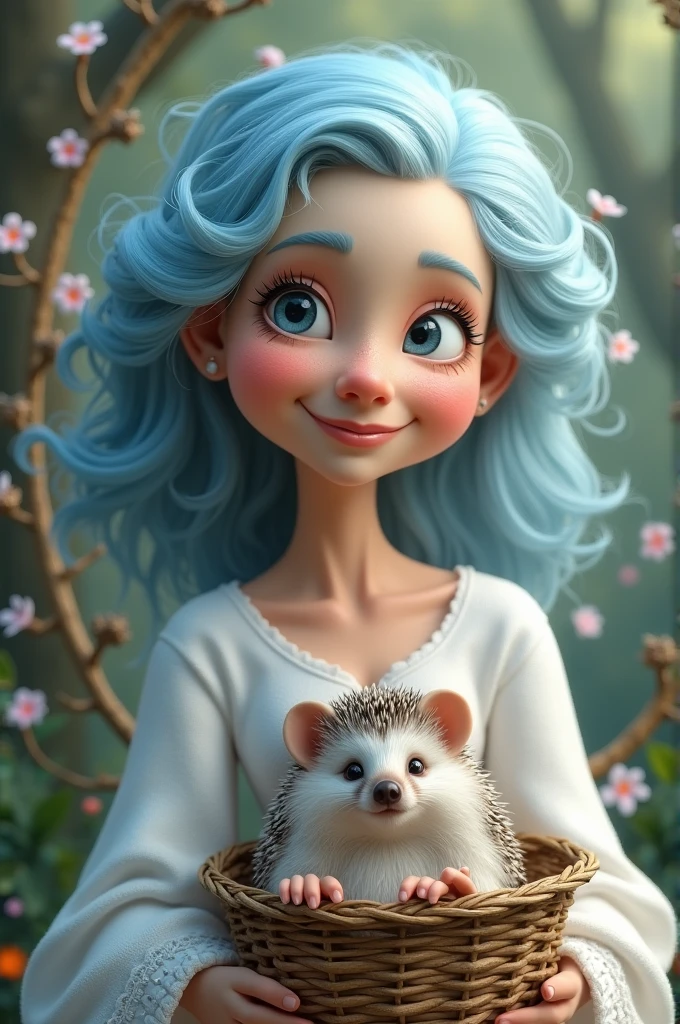 90age woman with long blue curly hair, smiling lips, looking forward, wearing a flowery white princess dress, a hedgehog in a basket3D
