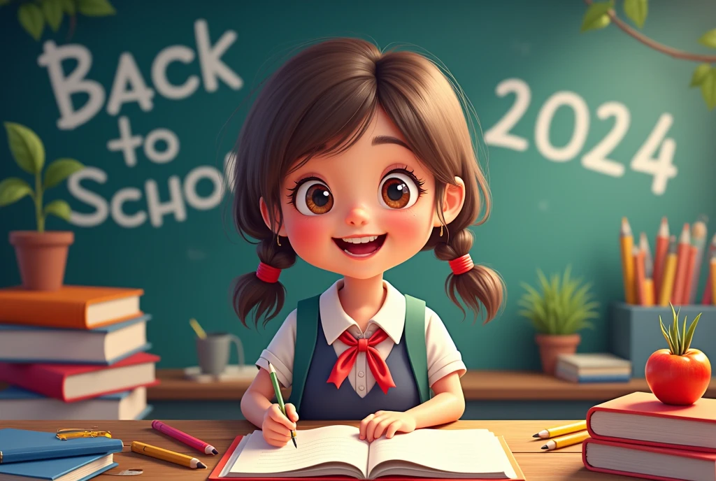 Back to School 2024, celebrating a new school year, A happy, colorful back to school poster, 1girl, smiling, school uniform, backpack, school supplies, blackboard, chalkboard, textbooks, pencils, clean, vibrant colors, warm lighting, dynamic, playful, whimsical, detailed, 4k, high quality, digital painting, vibrant colors, cheerful, energetic, dynamic composition