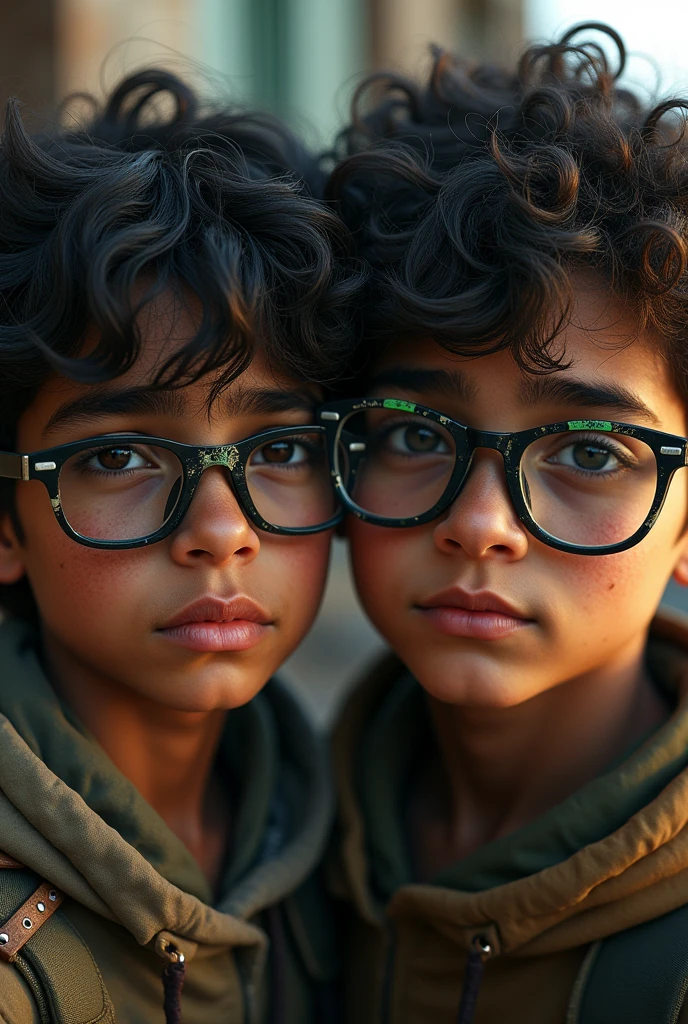 15 year old boy, dark brown skin, Large black lenses with green details, slightly waton but healthy, dark brown hair with curls, Brown-eyed pupil next to a short boy with a mercenary face.