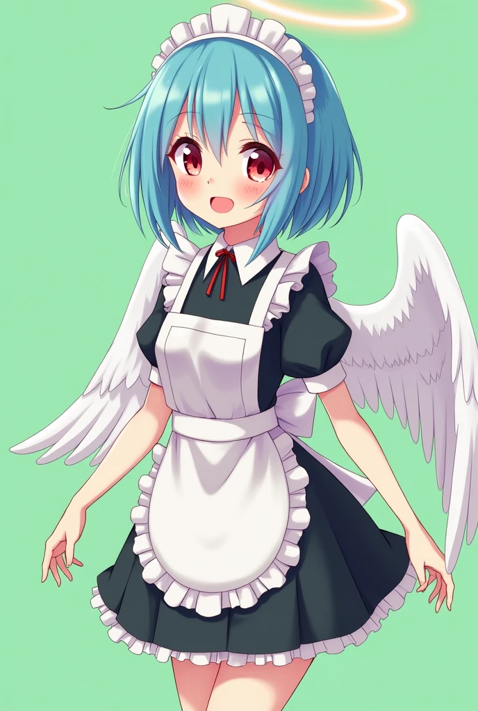Maid cafe maid with short blue hair, Red eyes, a sensual and happy expression, age range between 18 and 26 years, with angel wings, anime style completely in 2D, with pastel colors, with a completely flat and green background
