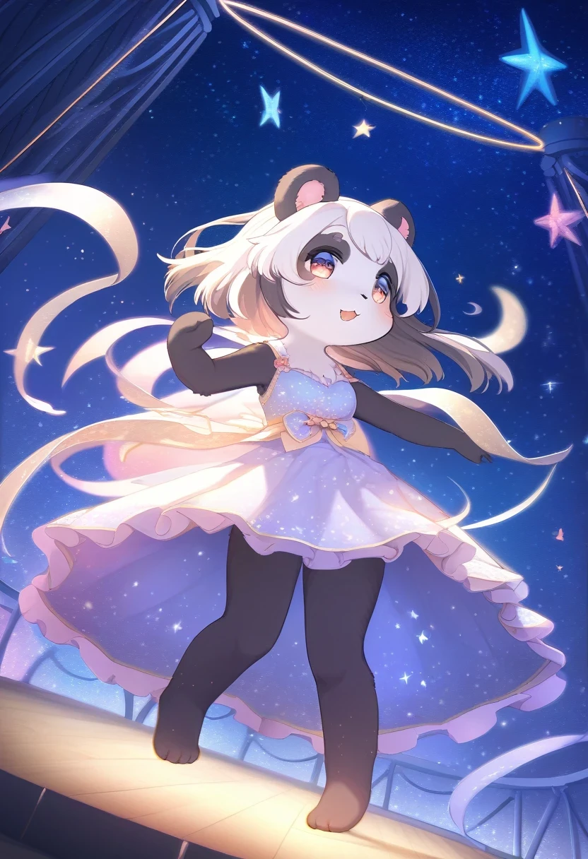 ((Masterpiece)), ((Best Quality)), (Very Detailed), ((Very Detailed)), 4K, (8K), very aesthetic, absurdres highres, 1 woman, (anthropomorphic panda, furry, kemono:1.5), A young girl in a dress made of tiny stars, dancing on a stage at a celestial music festival. The night sky is filled with constellations and shooting stars, and her dress sparkles with every movement. The stage is adorned with star-shaped lamps and floral arches, creating a magical and festive atmosphere.