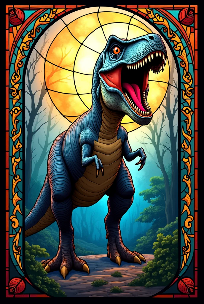 Create a simple stained glass window of a dinosaur