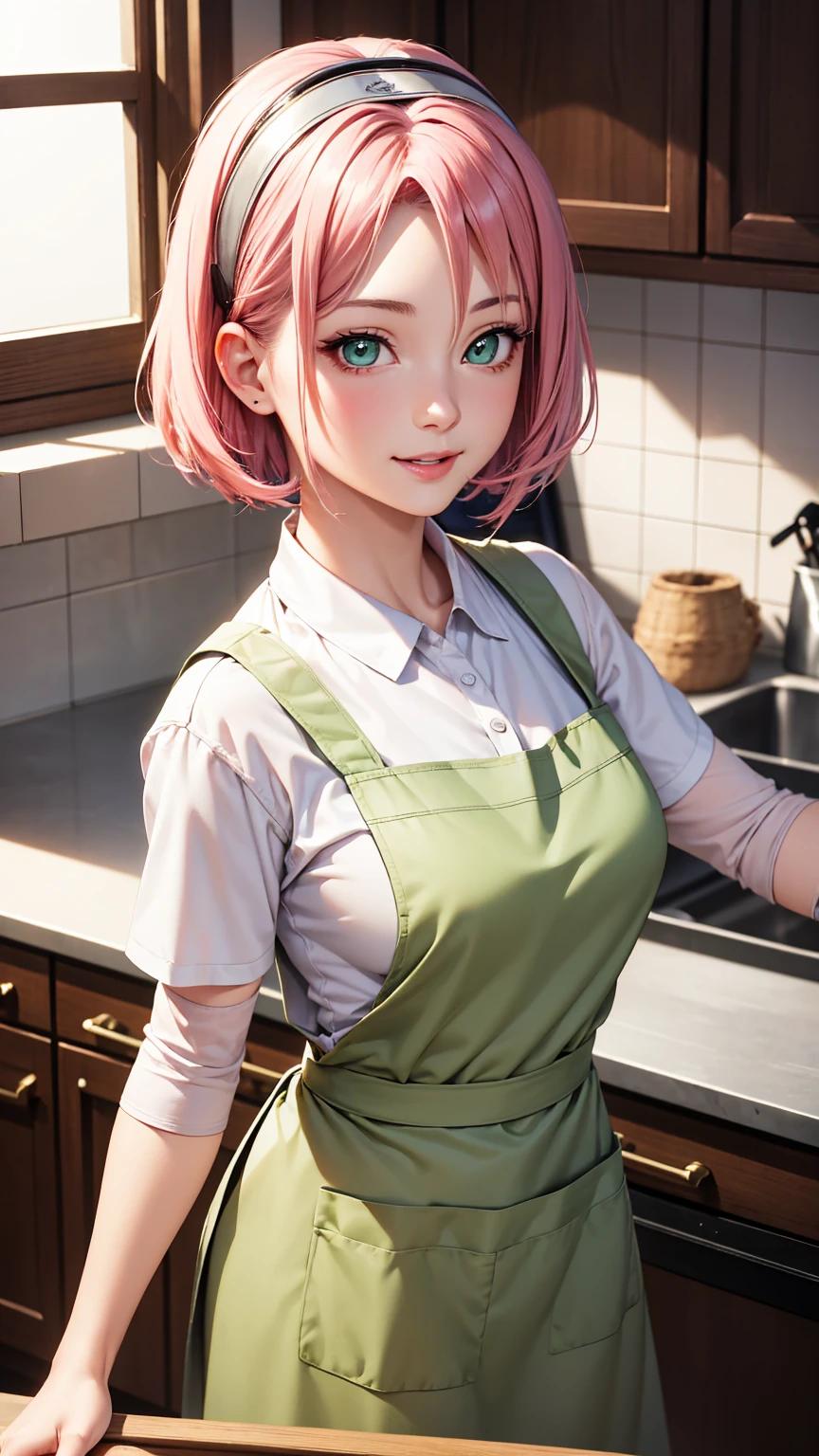 Highly detailed realistic work with high resolution, perfect lighting, Detailed face detailed hair detailed eyes detailed nose detailed lips, A beautiful girl with short pink hair, green eyes with a smile wearing an apron preparing something in the kitchen, sakura haruno.