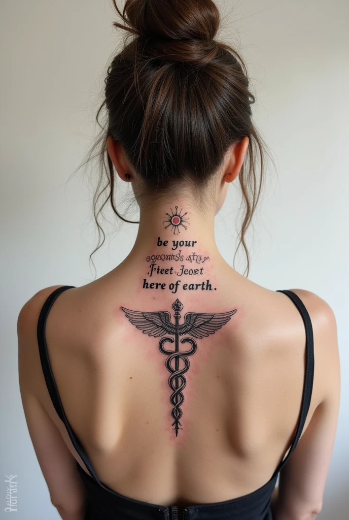 Create a Spinal Tattoo , with the phrase be your hands and feet here on earth , with the symbol of Kardecist spiritualism and something that represents nursing . Maximum 20 cm in length