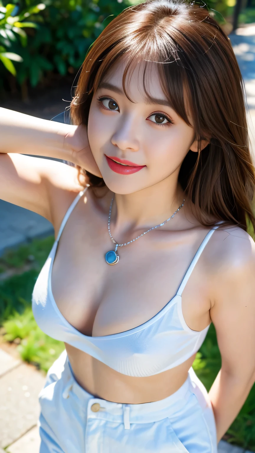 seed:381696201,((from above:1.2)),((Highest quality, 8K, masterpiece: 1.3)), rich: 1.2, pretty girl 1, nipple erection, perfect beauty: 1.4, t-shirt, half pants, randall color: 1. 1, very Detailed face and skin texture, Fine-grained, Double eyelids, Beautiful white skin, ,Top quality, Super high res, You,1Girl,One,_Shiny_skin,Iris,Necklace, ((brown hair)),(lips)), Eyelashes, Bangs, Processing, Correction, Gloss, Pores, Skin texture, Big tits, Smile, Walk in park, ((Close up:1.1))