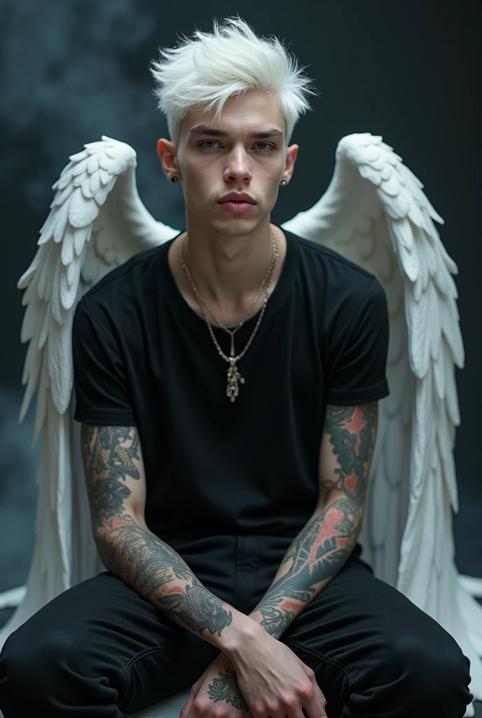 Boy white hair perfect body setting on the chair and have tattoos with black t-shirt and necklace like a fairy face smooth skin pink lips and dark smoke background and have a big wings of an angel at the back