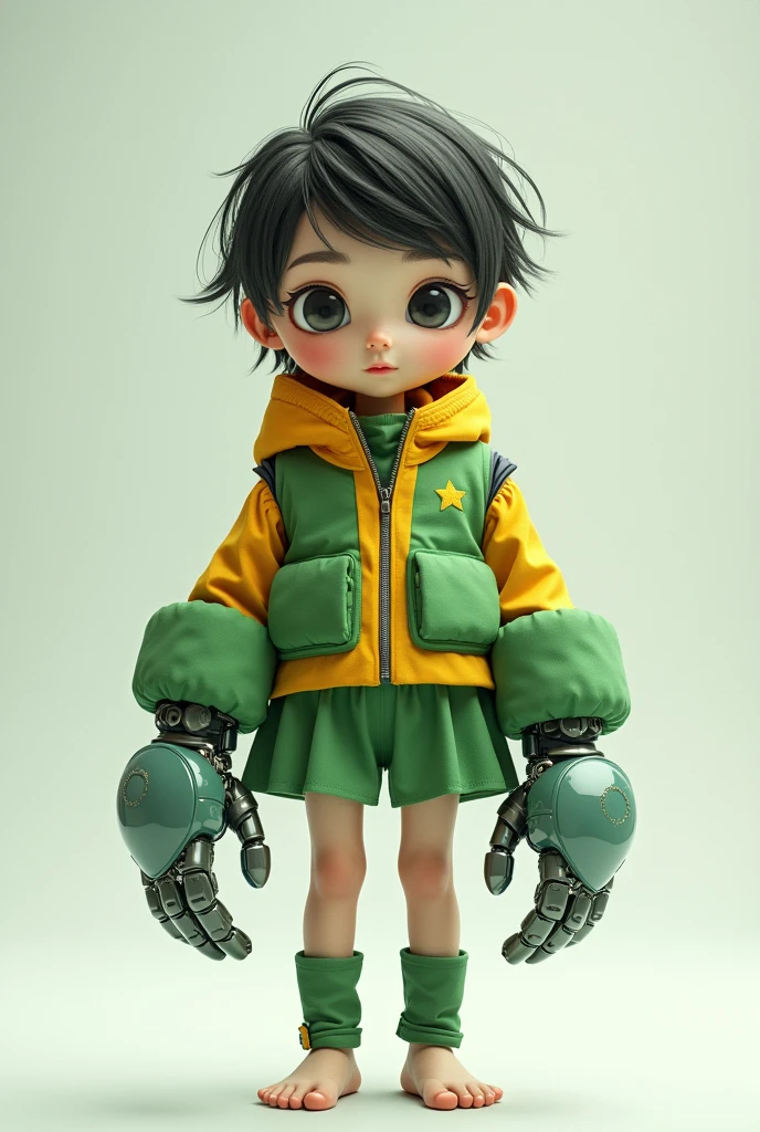 Blind girl with grey eyes, short hair, with giant robotic gloves, green and yellow clothes, barefoot, 
