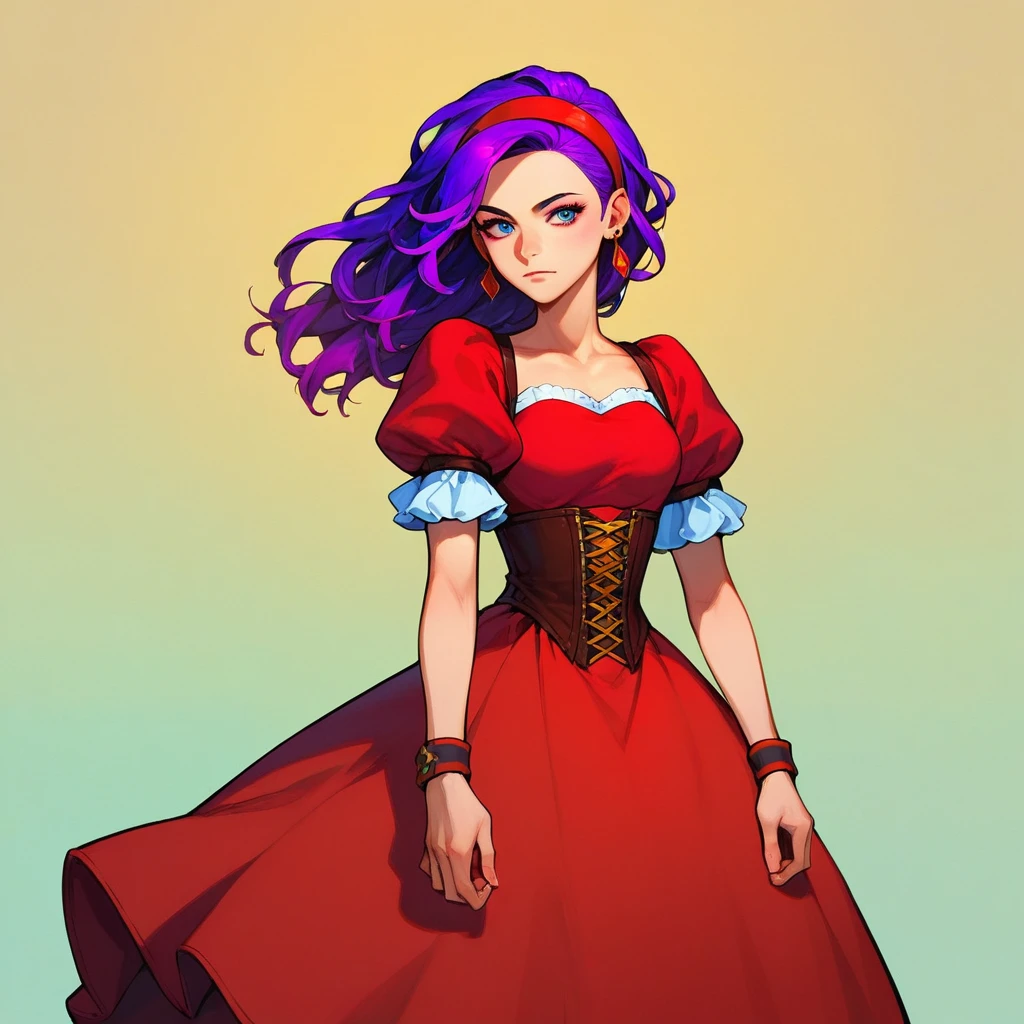beautiful face,Best Quality,High resolution, (1 girl:1.3),Alone,,purple hair, by the wide, hair band, by the wide,
earrings, (Red dress:0.9), puffy short sleeves, white sleeves, wristband,(standing:0.9),(calidad standingrnas abiertas:0.6),Whole body, beautiful legs, (red pantyhose:0.9),white socks,(necklace with 5 purple beads:0.5),